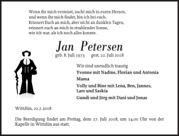 Traueranzeige von Jan Petersen von Der Insel-Bote
