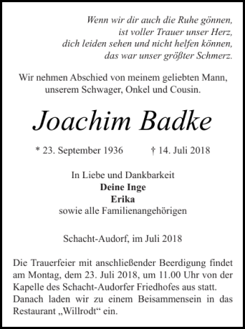 Traueranzeige von Joachim Badke von Landeszeitung