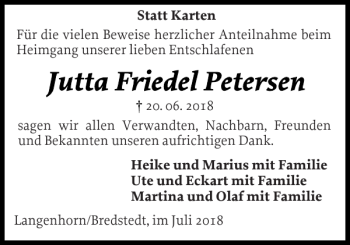 Traueranzeige von Jutta Friedel Petersen von Husumer Nachrichten