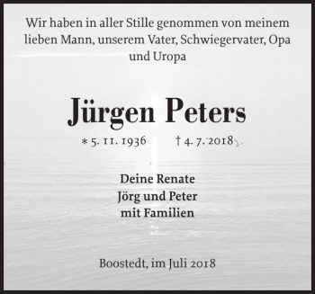 Traueranzeige von Jürgen Peters von Holsteinischer Courier