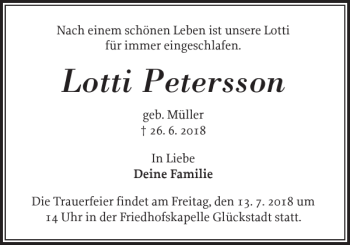 Traueranzeige von Lotti Petersson von Norddeutsche Rundschau