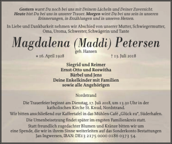 Traueranzeige von Magdalena Petersen von Husumer Nachrichten