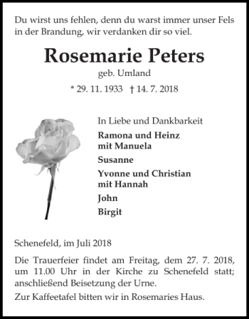 Traueranzeige von Rosemarie Peters von Norddeutsche Rundschau