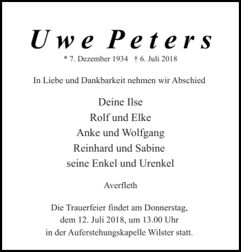 Traueranzeige von Uwe Peters von Norddeutsche Rundschau
