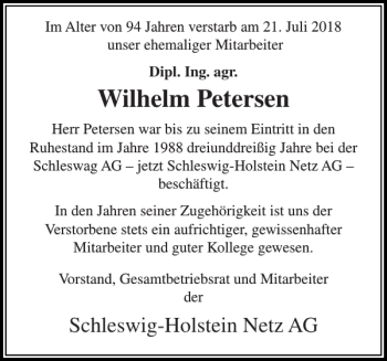 Traueranzeige von Wilhelm Petersen von Landeszeitung