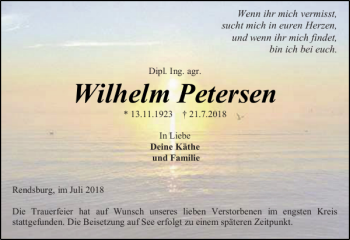 Traueranzeige von Wilhelm Petersen von Landeszeitung