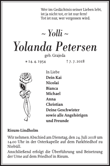 Traueranzeige von Yolanda Petersen von Nordfriesland Tageblatt