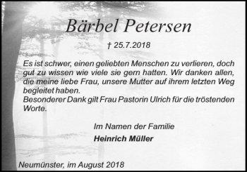 Traueranzeige von Bärbel Petersen von Holsteinischer Courier