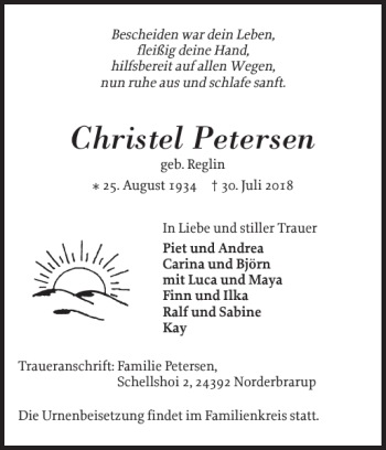 Traueranzeige von Christel Petersen von Schleswiger Nachrichten