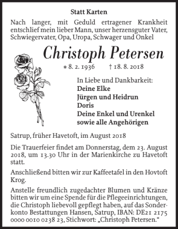 Traueranzeige von Christoph Petersen von Flensburger Tageblatt