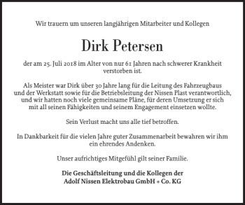 Traueranzeige von Dirk Petersen von Husumer Nachrichten