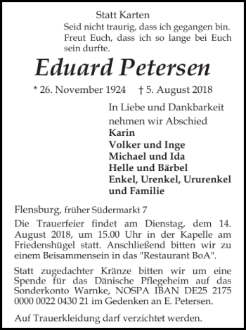 Traueranzeige von Eduard Petersen von Flensburger Tageblatt
