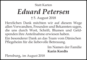 Traueranzeige von Eduard Petersen von Flensburger Tageblatt