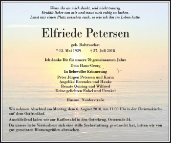 Traueranzeige von Elfriede Petersen von Husumer Nachrichten