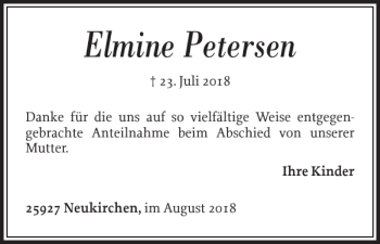 Traueranzeige von Elmine Petersen von Nordfriesland Tageblatt