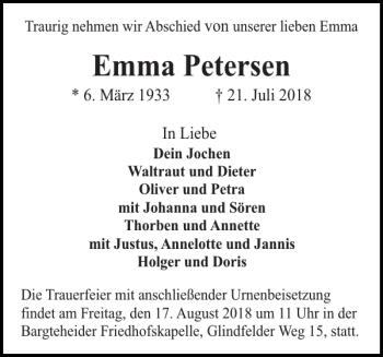 Traueranzeige von Emma Petersen von Husumer Nachrichten