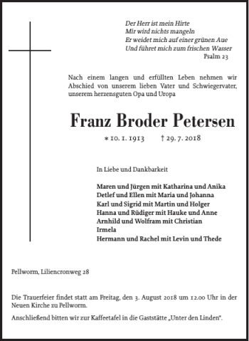 Traueranzeige von Franz Broder Petersen von Husumer Nachrichten
