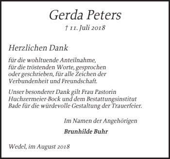 Traueranzeige von Gerda Peters von Wedel-Schulauer Tageblatt