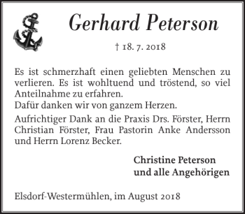 Traueranzeige von Gerhard Peterson von Landeszeitung