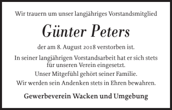 Traueranzeige von Günter Peters von Norddeutsche Rundschau