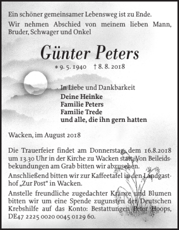 Traueranzeige von Günter Peters von Norddeutsche Rundschau