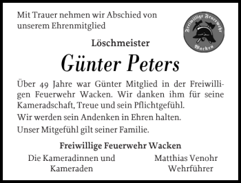 Traueranzeige von Günter Peters von Norddeutsche Rundschau