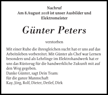 Traueranzeige von Günter Peters von Norddeutsche Rundschau
