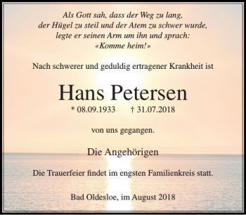 Traueranzeige von Hans Petersen von Stormarner Tageblatt