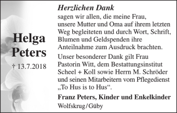 Traueranzeige von Helga Peters von Eckernförder Zeitung