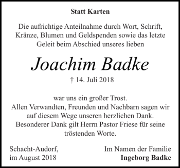 Traueranzeige von Joachim Badke von Landeszeitung