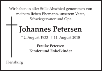 Traueranzeige von Johannes Petersen von Flensburger Tageblatt