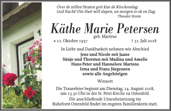 Traueranzeige von Käthe Marie Petersen von Husumer Nachrichten