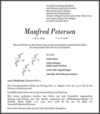 Traueranzeige von Manfred Petersen von Nordfriesland Tageblatt