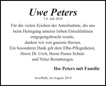 Traueranzeige von Uwe Peters von Norddeutsche Rundschau