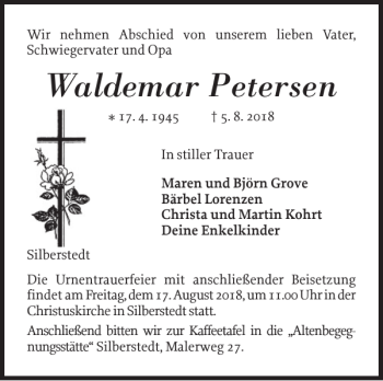 Traueranzeige von Waldemar Petersen von Schleswiger Nachrichten
