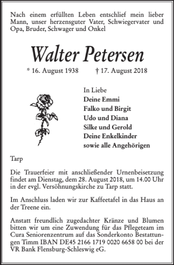 Traueranzeige von Walter Petersen von Flensburger Tageblatt