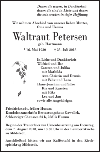 Traueranzeige von Waltraut Petersen von Husumer Nachrichten