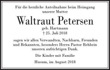Traueranzeige von Waltraut Petersen von Husumer Nachrichten