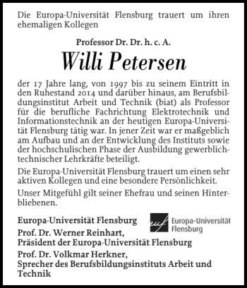 Traueranzeige von Willi Petersen von Flensburger Tageblatt