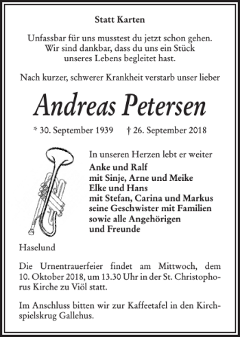 Traueranzeige von Andreas Petersen von Husumer Nachrichten