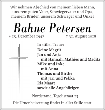 Traueranzeige von Bahne Petersen von Husumer Nachrichten