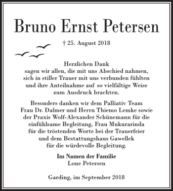Traueranzeige von Bruno Ernst Petersen von Husumer Nachrichten