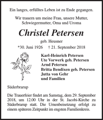 Traueranzeige von Christel Petersen von Schleswiger Nachrichten