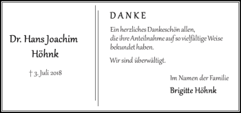 Traueranzeige von Dr. Hans Joachim Höhnk von Stormarner Tageblatt