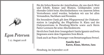 Traueranzeige von Egon Petersen von Flensburger Tageblatt