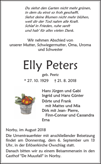Traueranzeige von Elly Peters von Landeszeitung