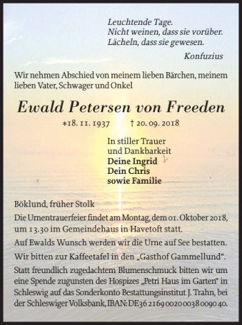 Traueranzeige von Ewald Petersen von Freeden von Schleswiger Nachrichten
