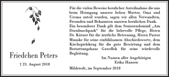Traueranzeige von Friedchen Peters von Husumer Nachrichten