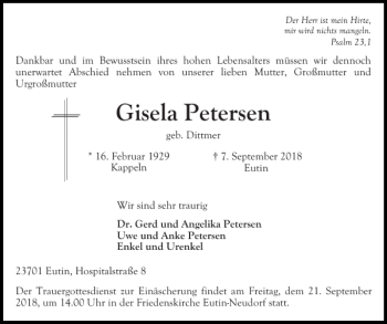 Traueranzeige von Gisela Petersen von Ostholsteiner Anzeiger