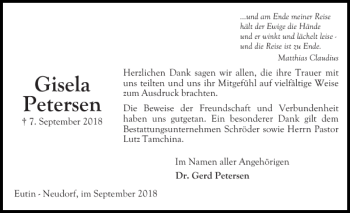 Traueranzeige von Gisela Petersen von Ostholsteiner Anzeiger